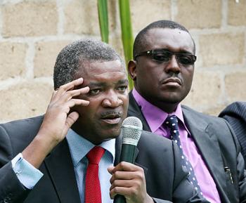 UPND Siavonga member of parliament Douglas Syakalima (l) with Gary Nkombo during the press briefing at the UPND headquarters in Lusaka yesterday. Picture Courtesy Of The Post
