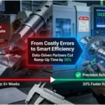 Comparison between traditional CNC milling errors causing scrap and delays versus smart manufacturing with precision partners enabling 30% faster production ramp-up through data-driven standards like ISO certification.