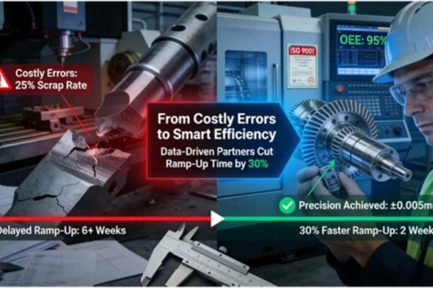 Comparison between traditional CNC milling errors causing scrap and delays versus smart manufacturing with precision partners enabling 30% faster production ramp-up through data-driven standards like ISO certification.