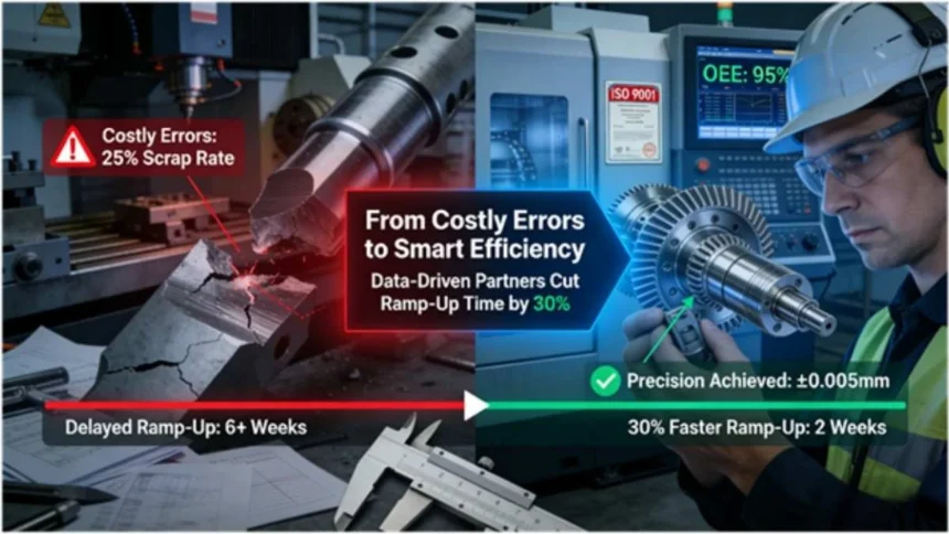 Comparison between traditional CNC milling errors causing scrap and delays versus smart manufacturing with precision partners enabling 30% faster production ramp-up through data-driven standards like ISO certification.