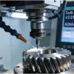 Close-up of a steel spin pinion being precision machined on a CNC center, highlighting gear teeth and representing advanced pinion machining technology that meets AGMA standards.