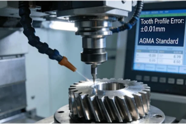 Close-up of a steel spin pinion being precision machined on a CNC center, highlighting gear teeth and representing advanced pinion machining technology that meets AGMA standards.