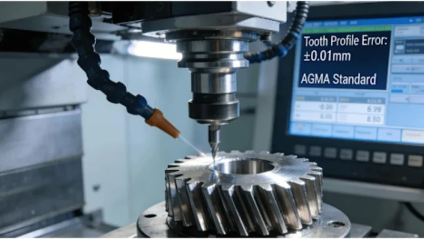 Close-up of a steel spin pinion being precision machined on a CNC center, highlighting gear teeth and representing advanced pinion machining technology that meets AGMA standards.